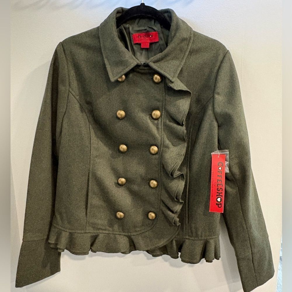 CoffeeShop NYC Olive Ruffle Double-Breasted Peacoat